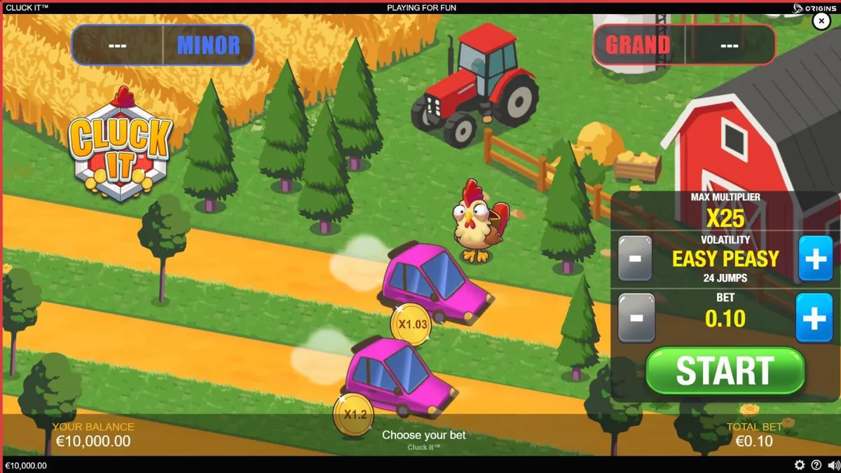 Tampilan visual game Cluck It dengan karakter ayam di latar belakang pedesaan