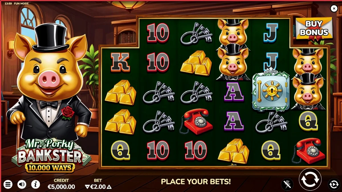 Mr. Porky Bankster 10,000 Ways slot machine interface with Wall Street theme